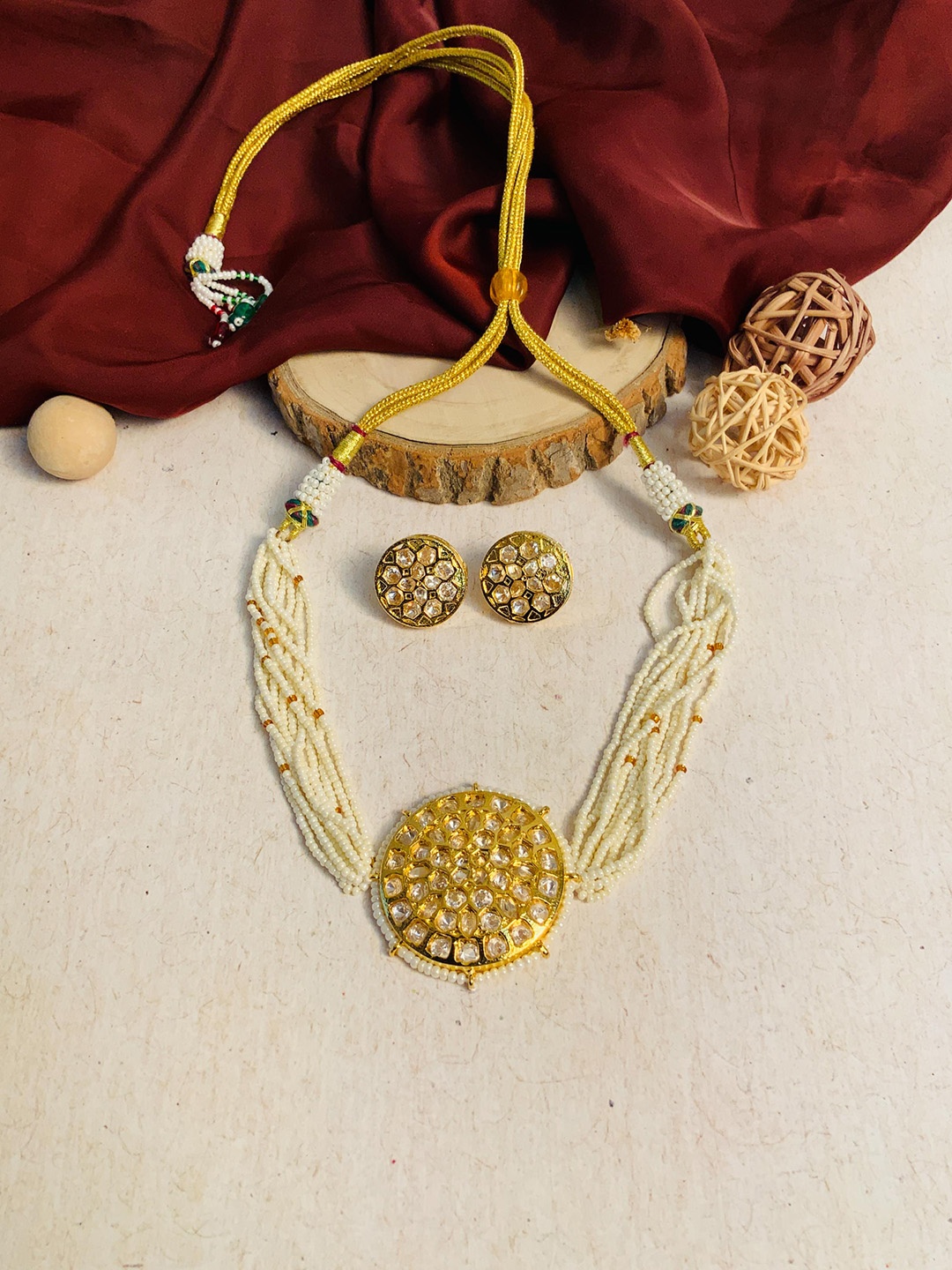 

ABDESIGNS Gold-Plated Stone-Studded & Beaded Jewellery Set