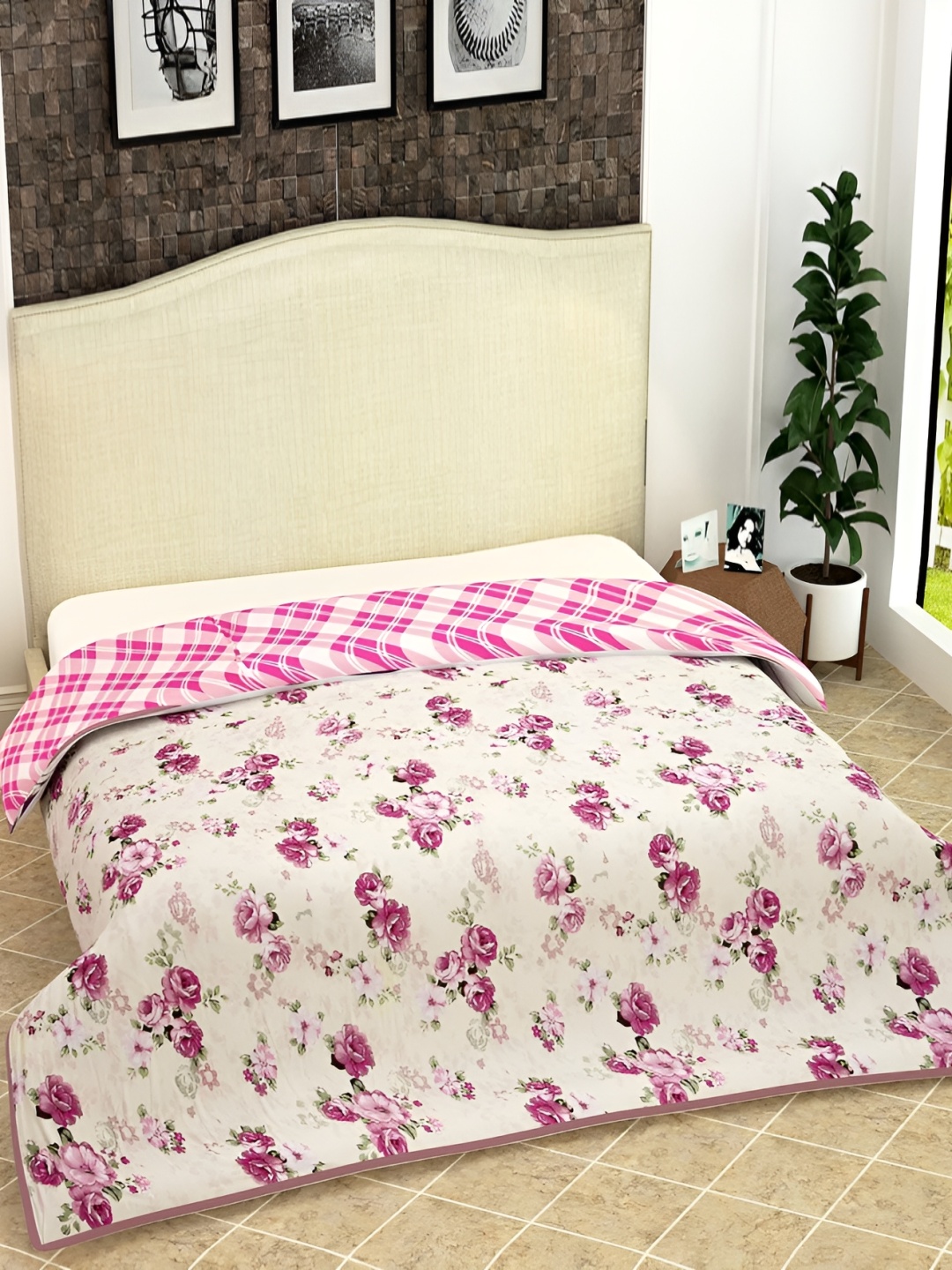 

Kritarth Handicrafts Pink Floral AC Room 210 GSM Double Bed Dohar, White