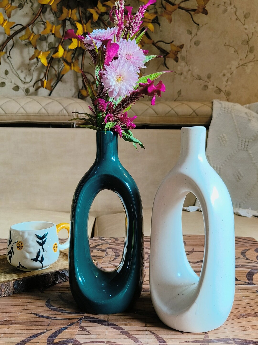 

NIYARA White & Green 2 Pieces Ceramic Flower Vases