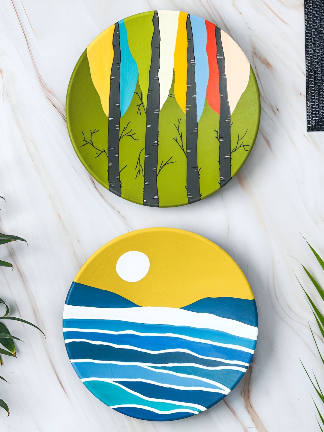 

ARTYSTA BEAUTIFYING LIVES Green & Yellow 2 Pieces Printed Wall Plate, Blue