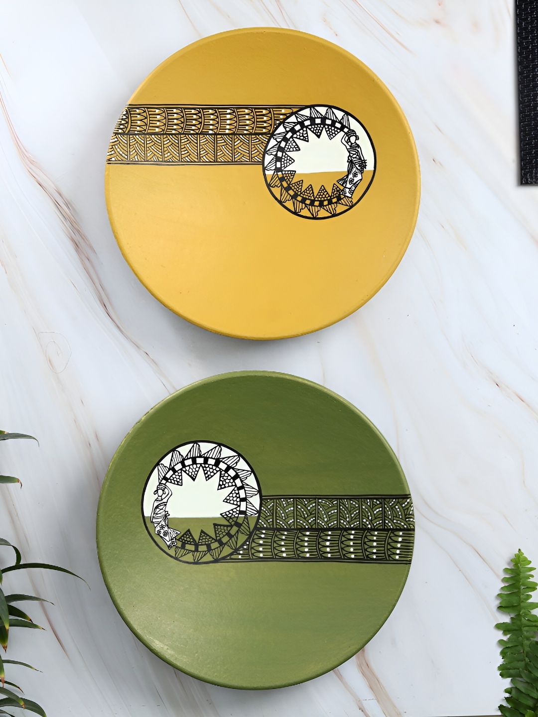 

ARTYSTA BEAUTIFYING LIVES Mustard & Green 2 Pieces Warli Charm' Wall Plate