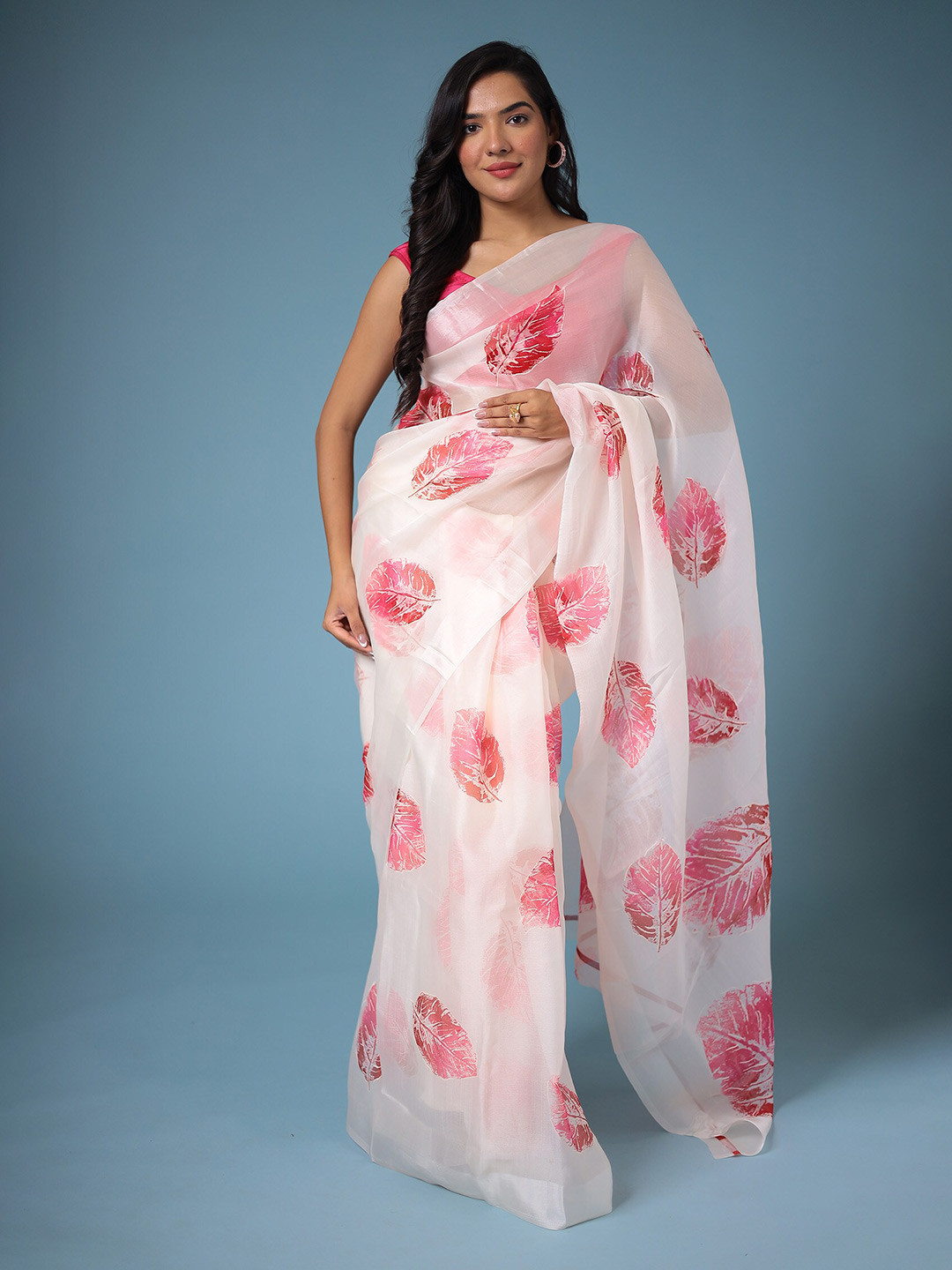 

ZARI Floral Printed Organza Saree, White