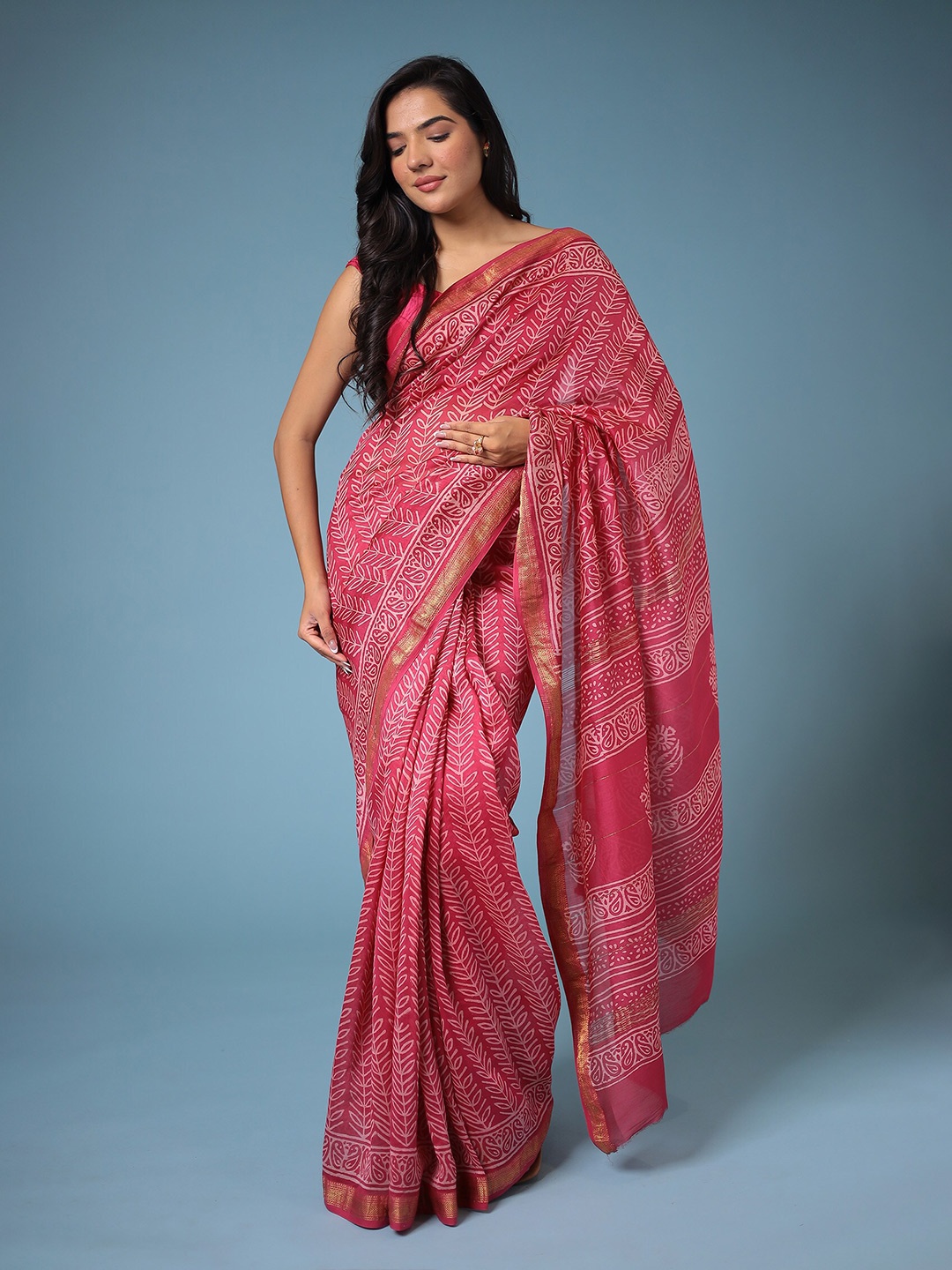

ZARI Printed Silk Cotton Chanderi Saree, Pink