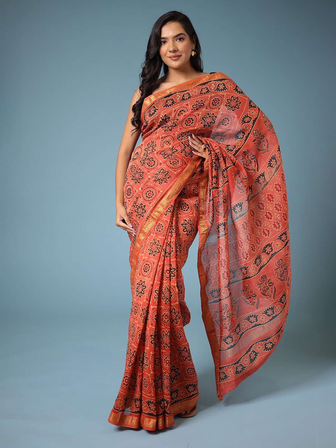 

ZARI Printed Silk Cotton Chanderi Saree, Peach