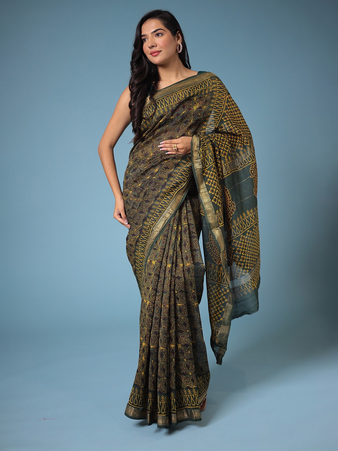 

ZARI Printed Silk Cotton Chanderi Saree, Green