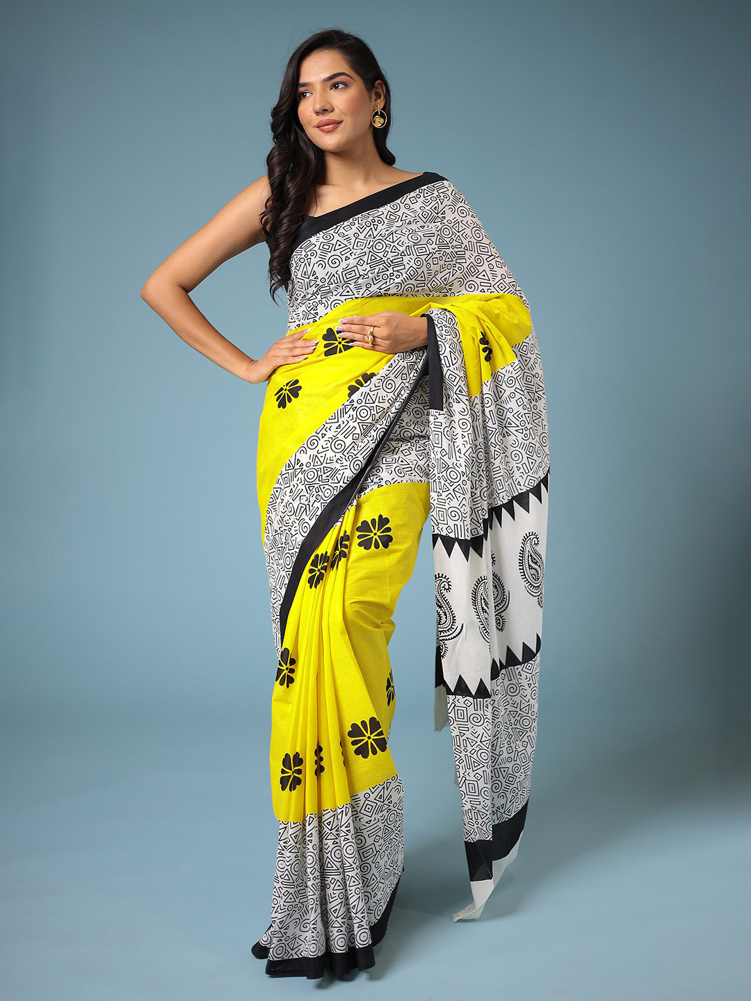 

ZARI Printed Pure Cotton Bagru Saree, Yellow