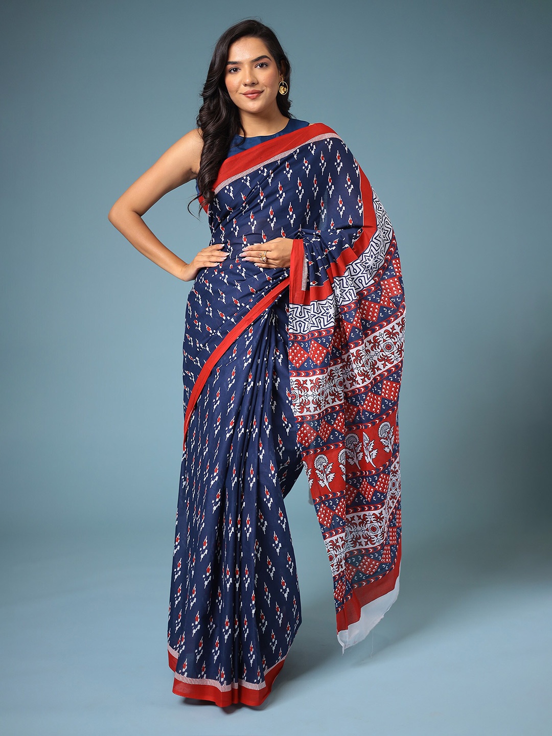 

ZARI Printed Pure Cotton Bagru Saree, Grey