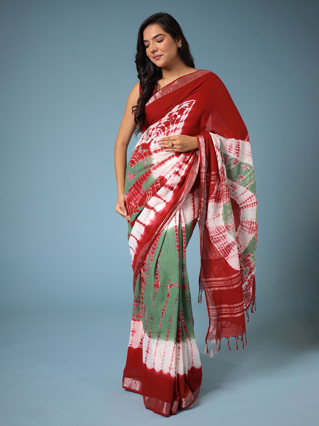 

ZARI Dyed Pure Cotton Bagru Saree, Red