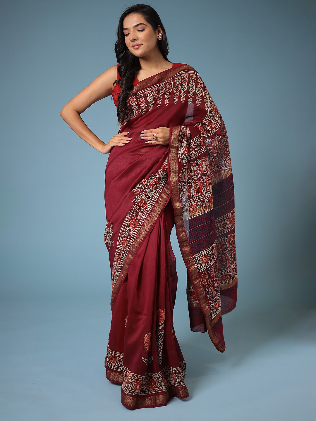 

ZARI Silk Cotton Printed Chanderi Saree, Maroon
