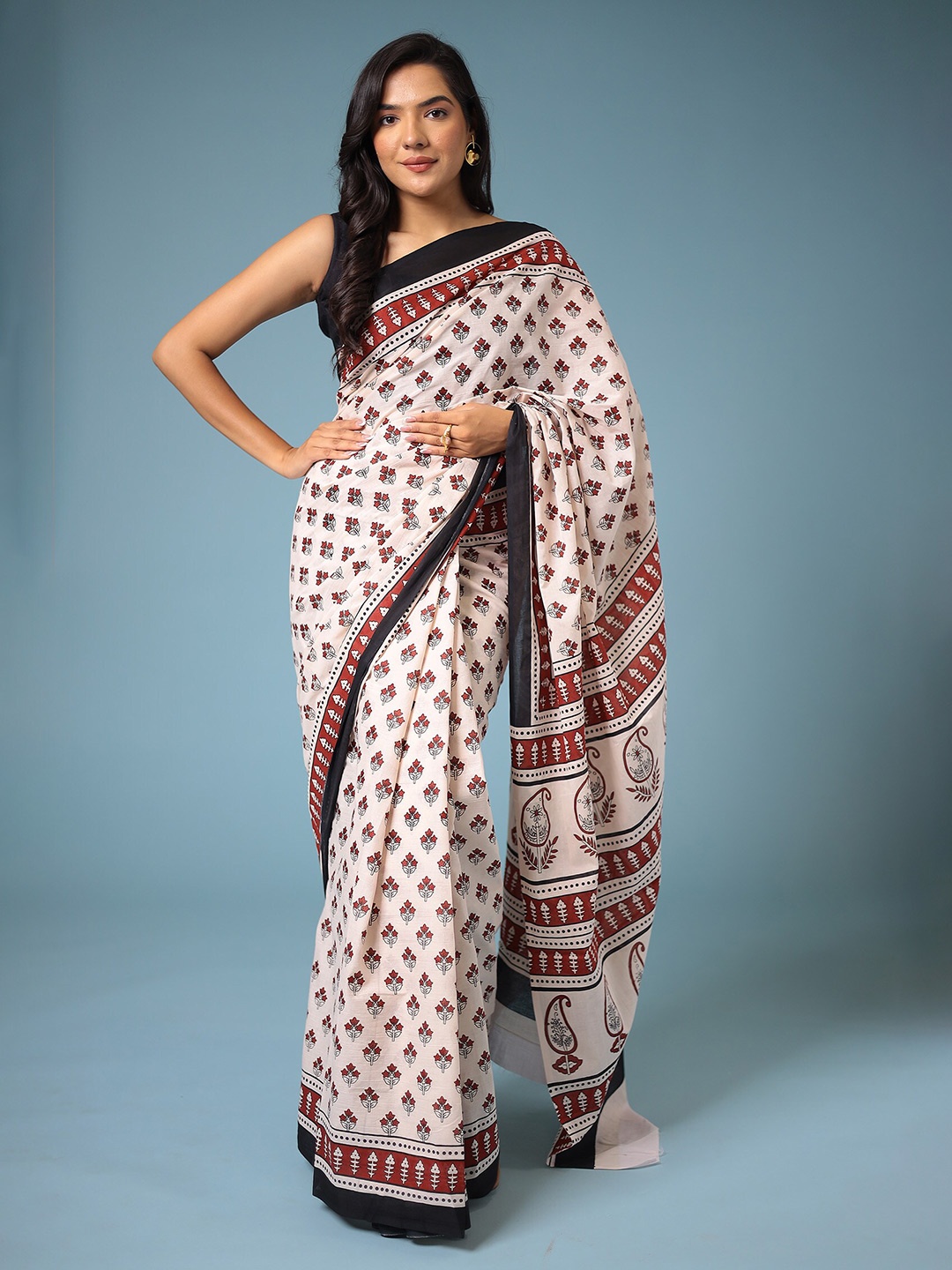 

ZARI Ethnic Motifs Printed Bagru Saree, White