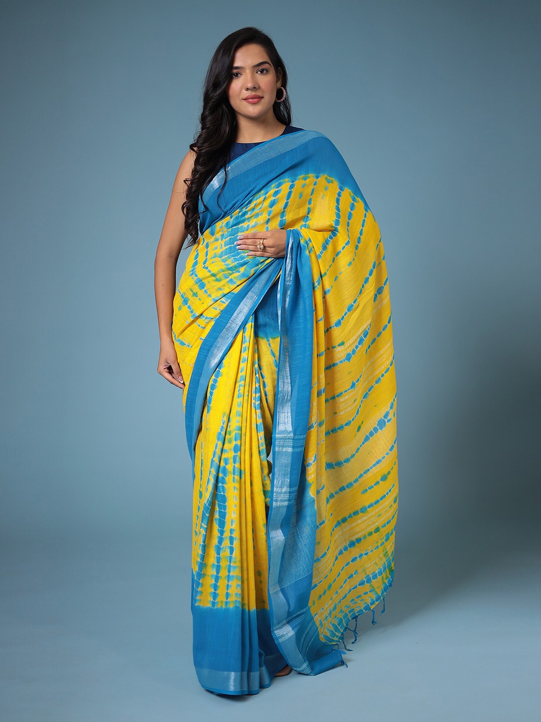 

ZARI Tie and Dye Zari Pure Cotton Bagru Saree, Yellow