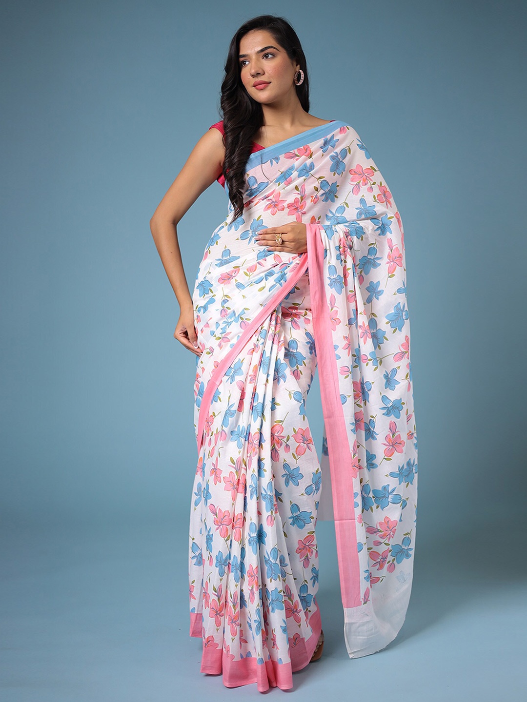 

ZARI Floral Printed Saree, White