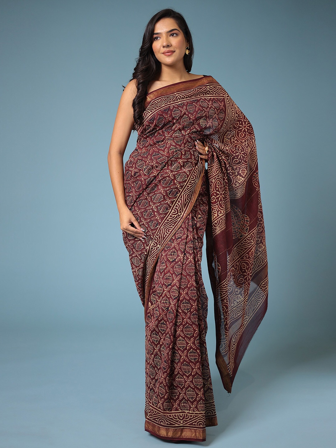 

ZARI Ethnic Motif Printed Silk Cotton Chanderi Saree, Maroon