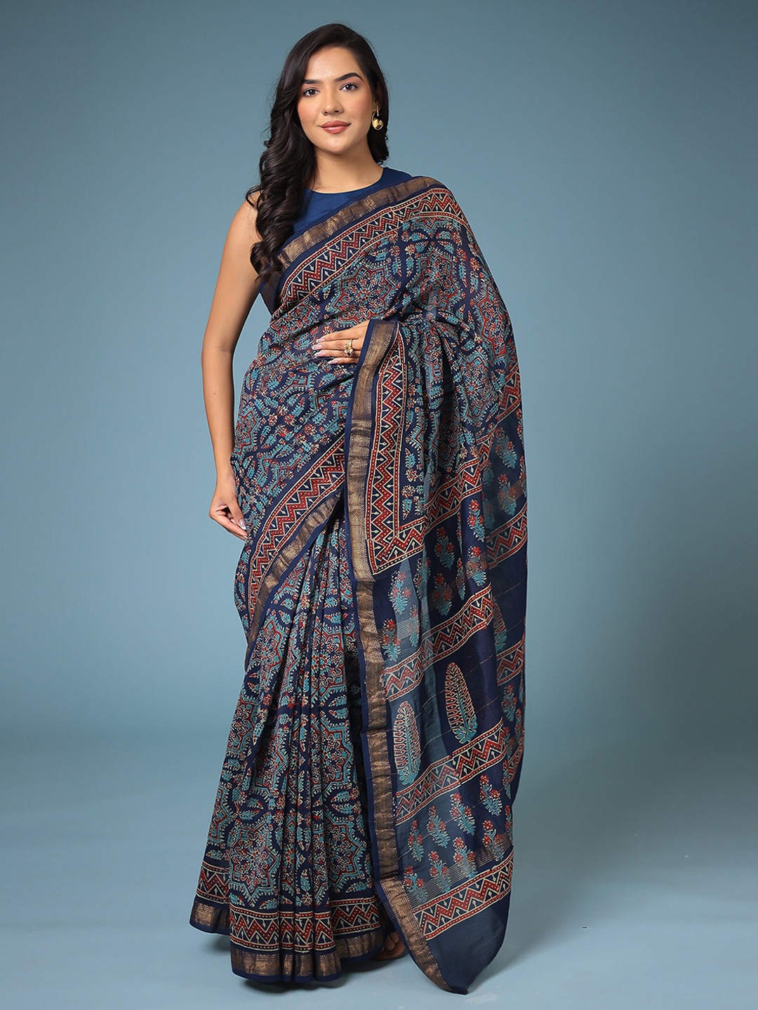 

ZARI Ethnic Motifs Printed Zari Silk Cotton Jaipur Chanderi Saree, Blue