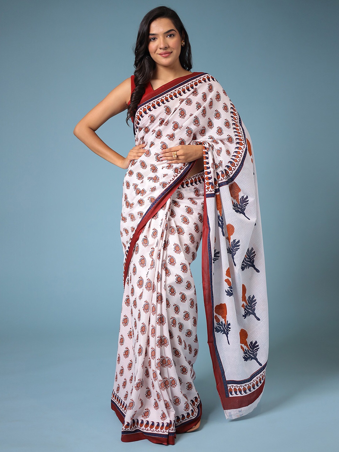 

ZARI Ethnic Motifs Printed Pure Cotton Jaipur Bagru Saree, White