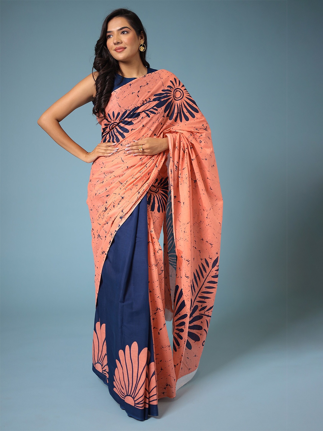 

ZARI Peach-Coloured Pure Cotton Jaipur Bagru Saree