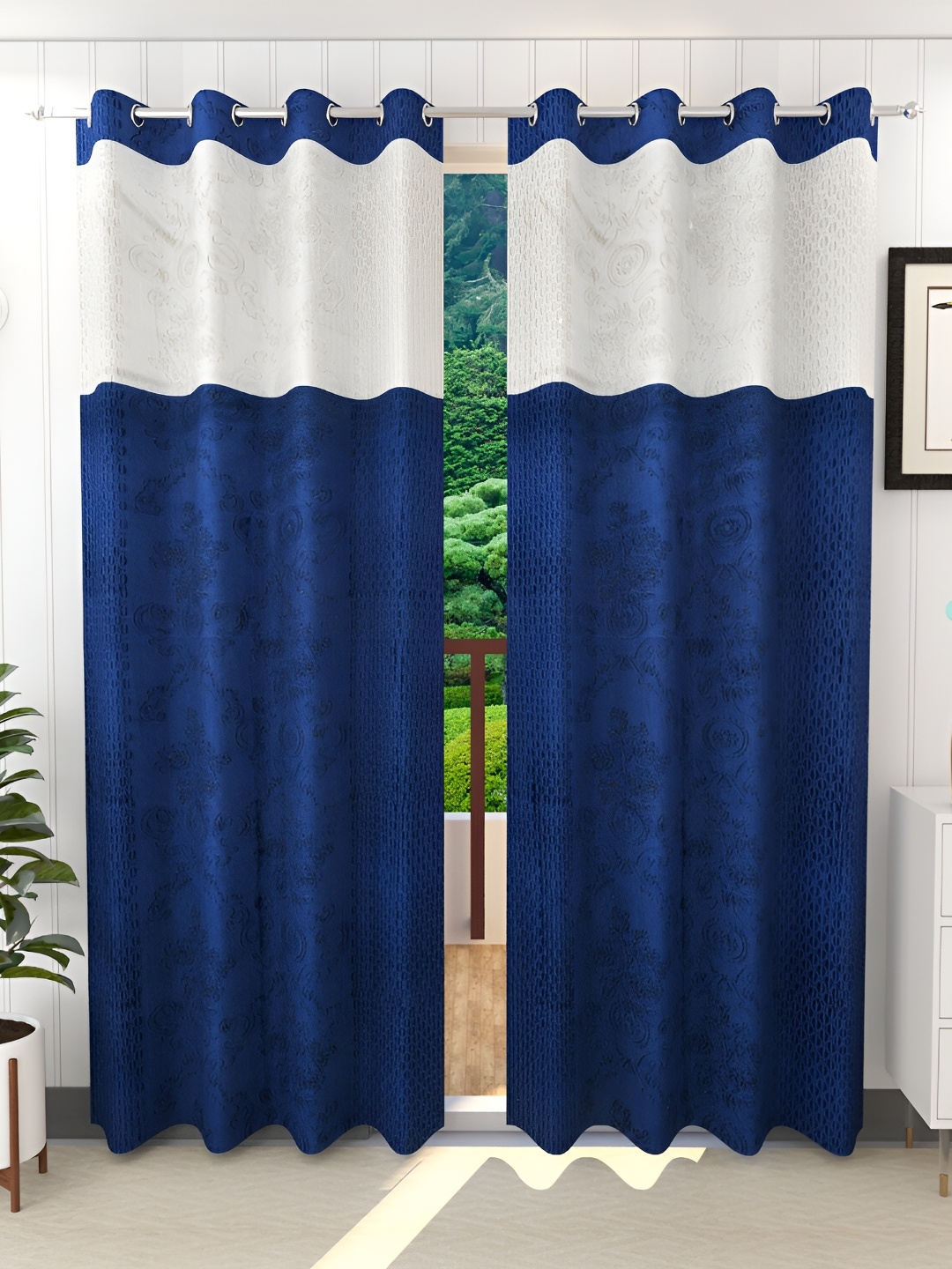 Ville Style Blue & White 2 Pieces Ethnic Motifs Room Darkening Long Door Curtains