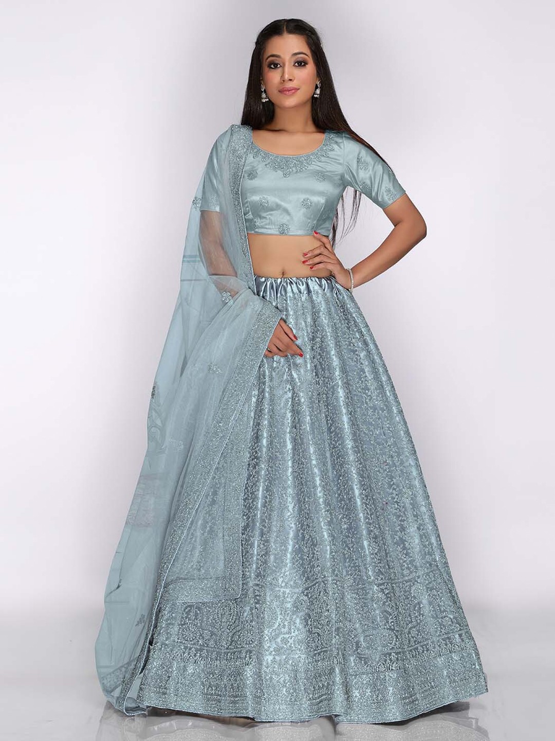 

HALFSAREE STUDIO Grey & Embroidered Semi-Stitched Lehenga & Unstitched Blouse With Dupatta
