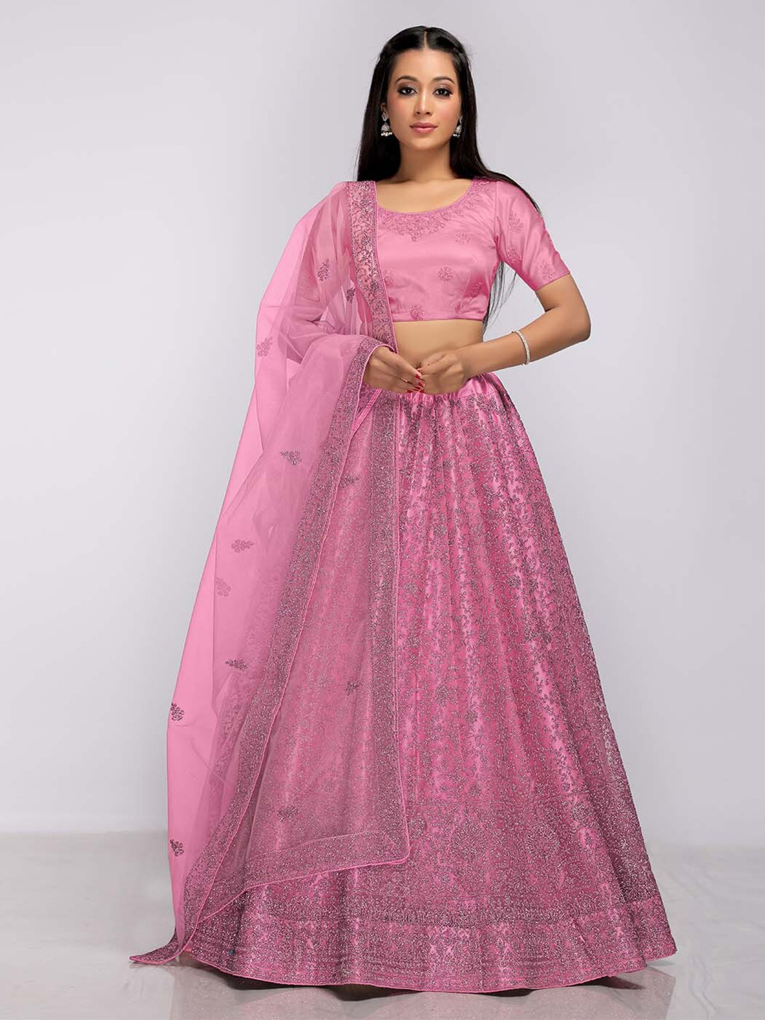 

HALFSAREE STUDIO Pink & Embroidered Semi-Stitched Lehenga & Unstitched Blouse With Dupatta