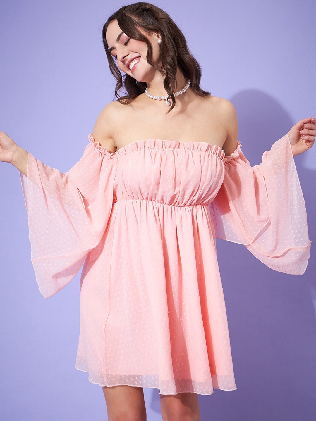 

Berrylush Self Design Off-Shoulder Ruffled A-Line Dress, Pink