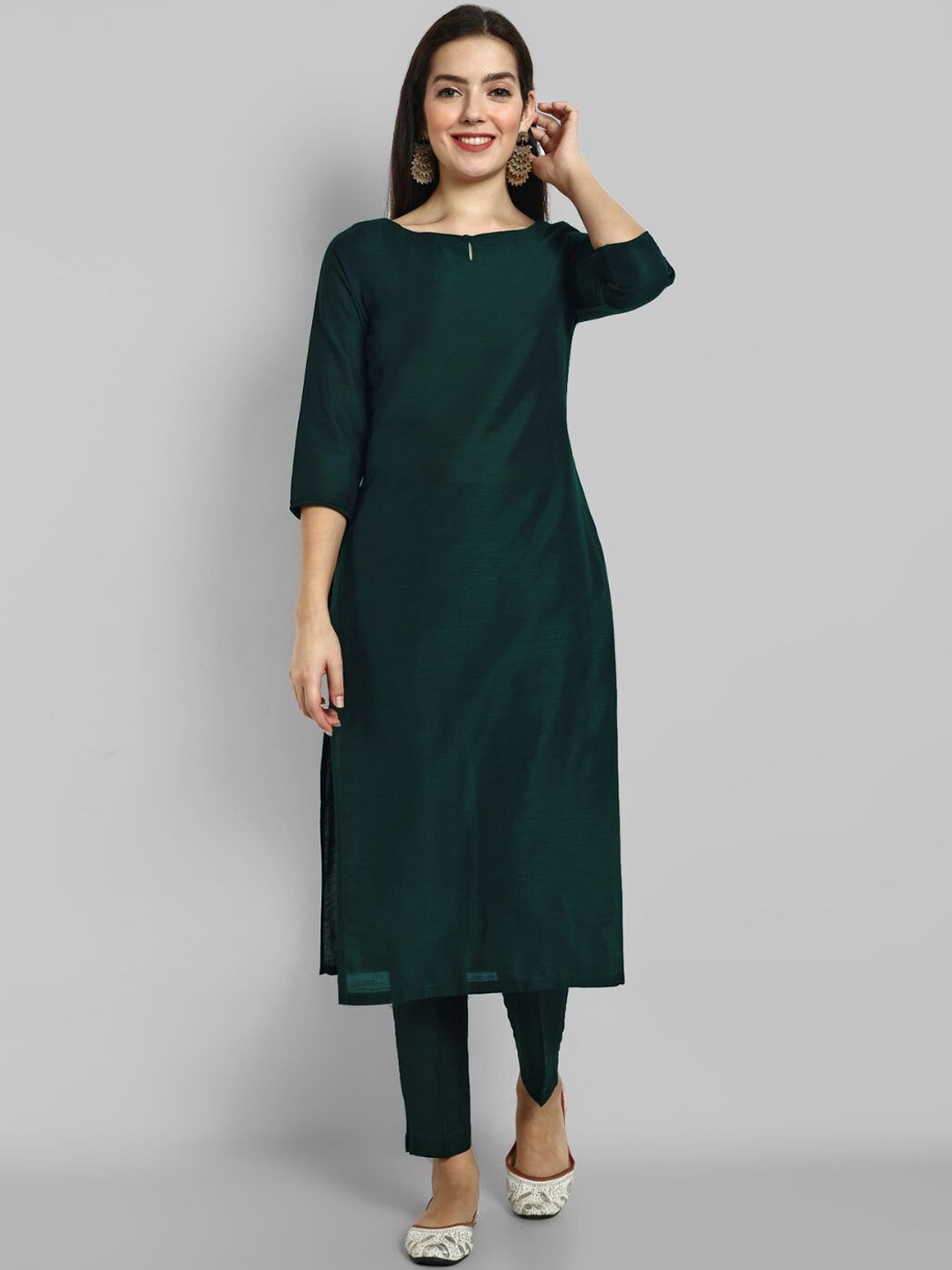 

Mera Rang Key Hole Neck Cotton Silk Kurta, Green