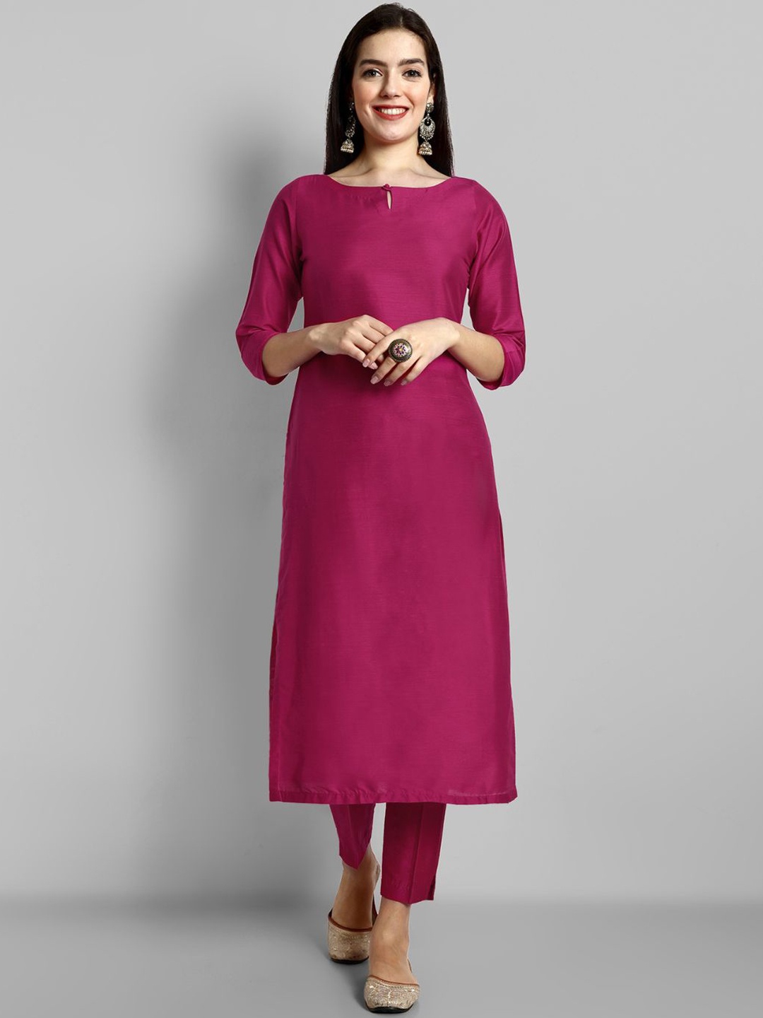 

Mera Rang Key Hole Neck Cotton Silk Kurta, Pink