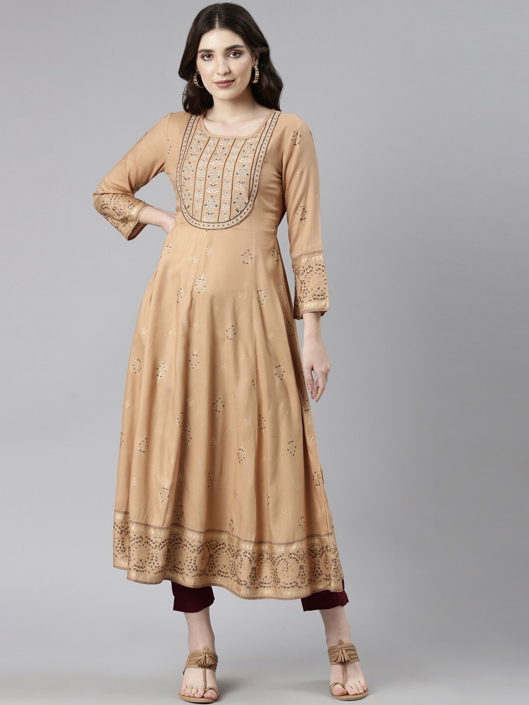 

Souchii Ethnic Motifs Yoke Design Thread Work Anarkali Kurta, Beige