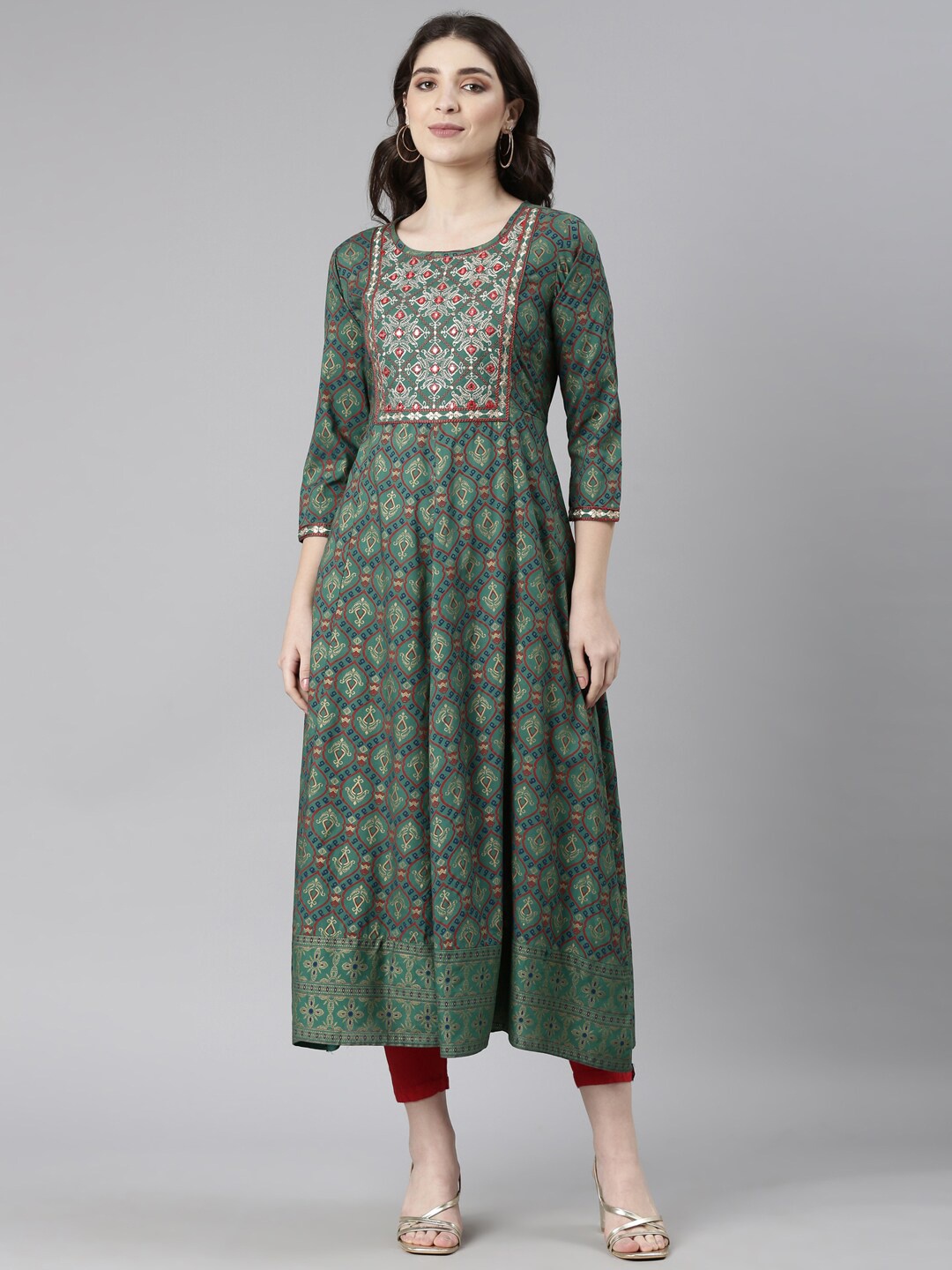

Souchii Ethnic Motifs Foil Printed Mirror Work Anarkali Kurta, Green