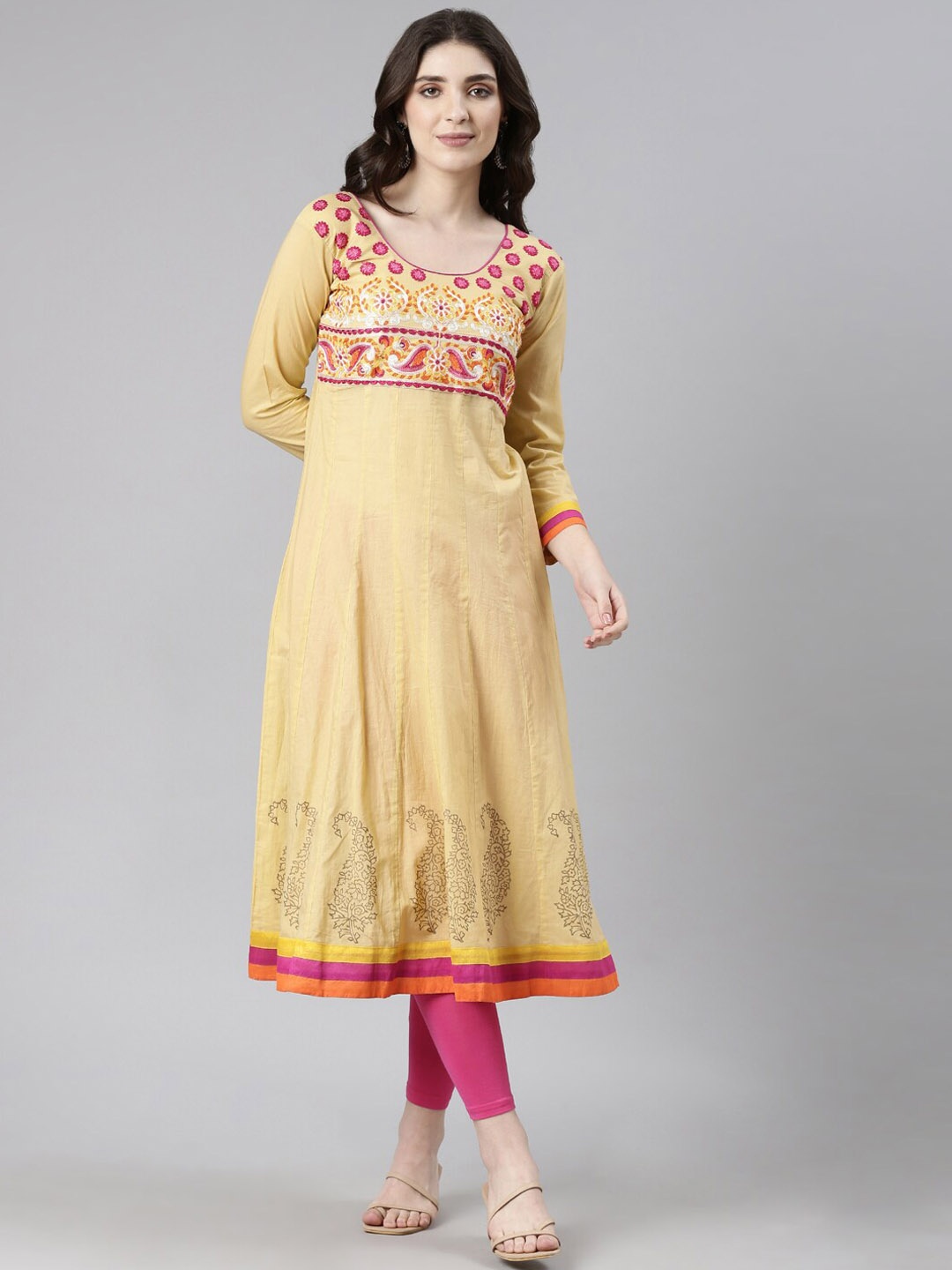 

Souchii Ethnic Motifs Yoke Design Grandeur & Majestic Artwork Cotton Anarkali Kurta, Beige