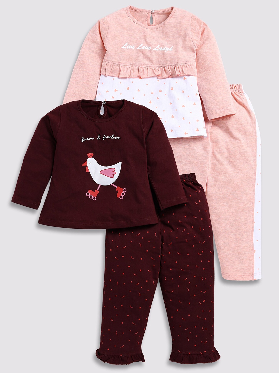 

Toonyport Girls Pack Of 2 Printed Pure Cotton Top with Trousers, Peach