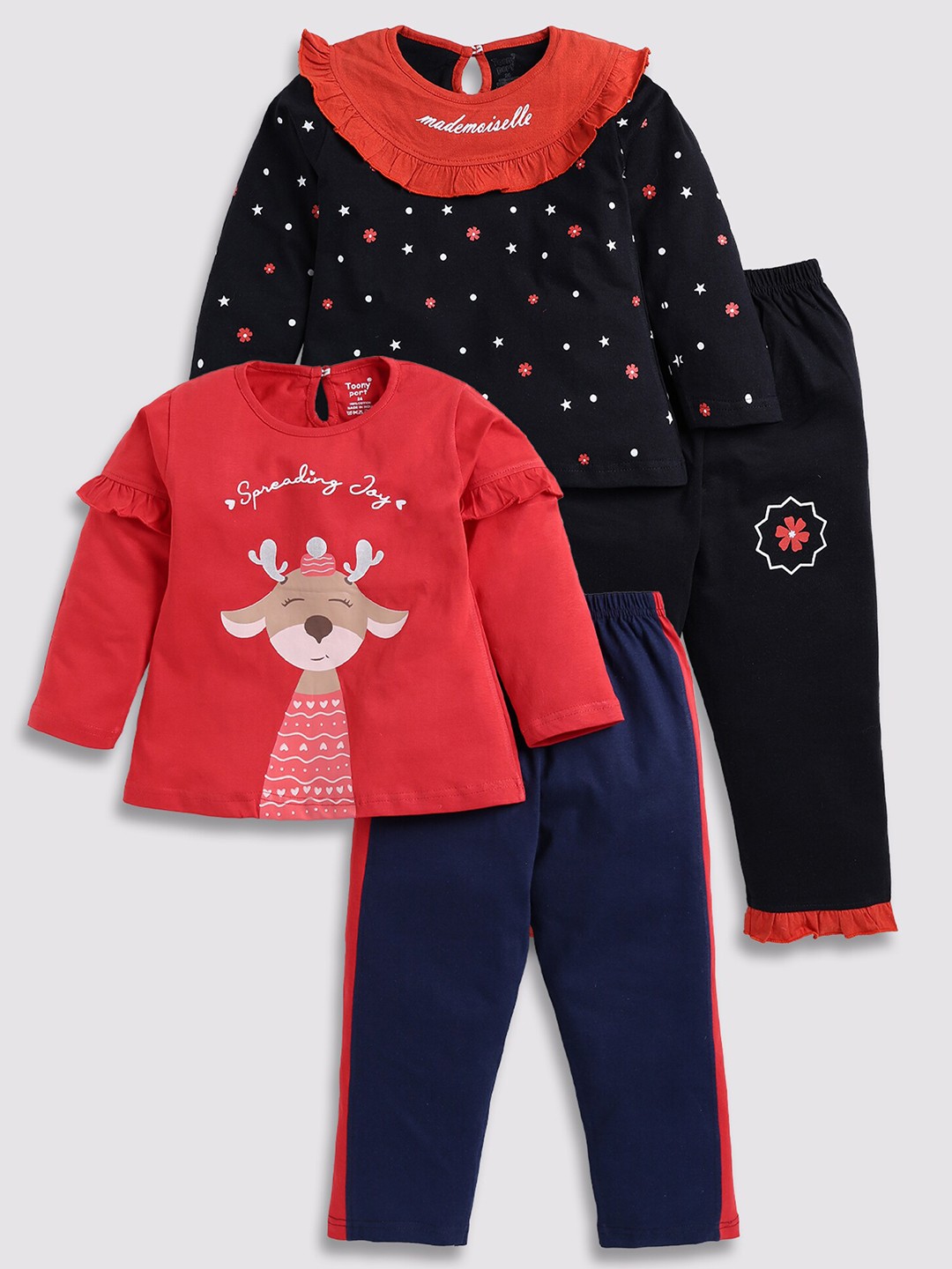 

Toonyport Girls Pack Of 2 Printed Pure Cotton Top with Trousers, Navy blue