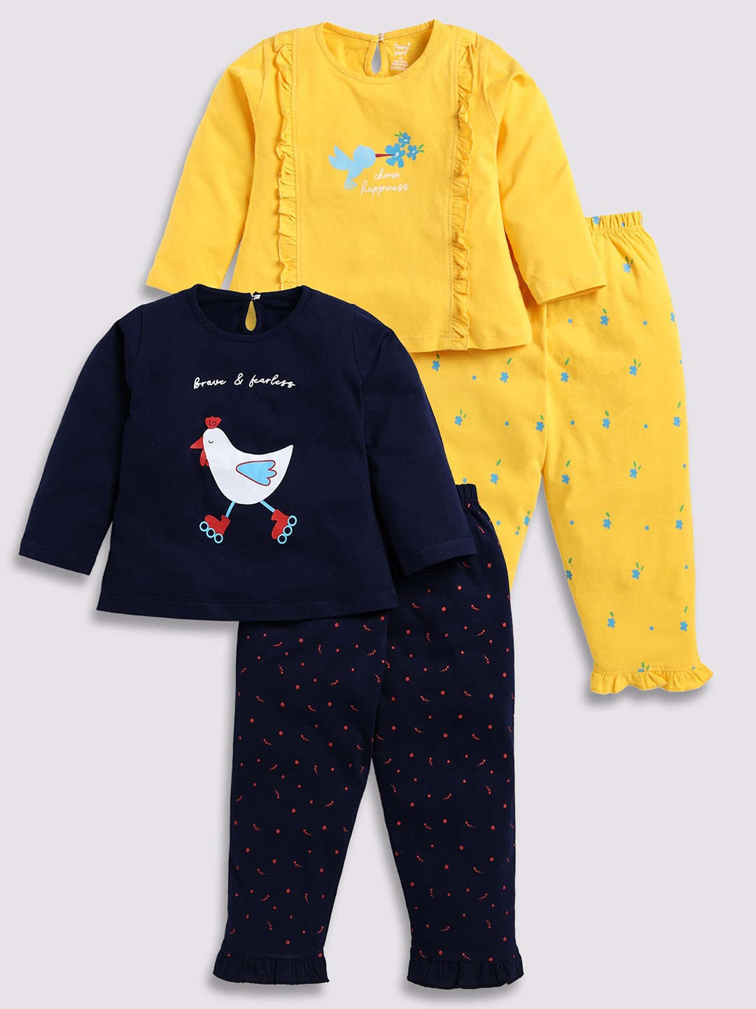 

Toonyport Girls Pack Of 2 Printed Pure Cotton Top with Trousers, Navy blue