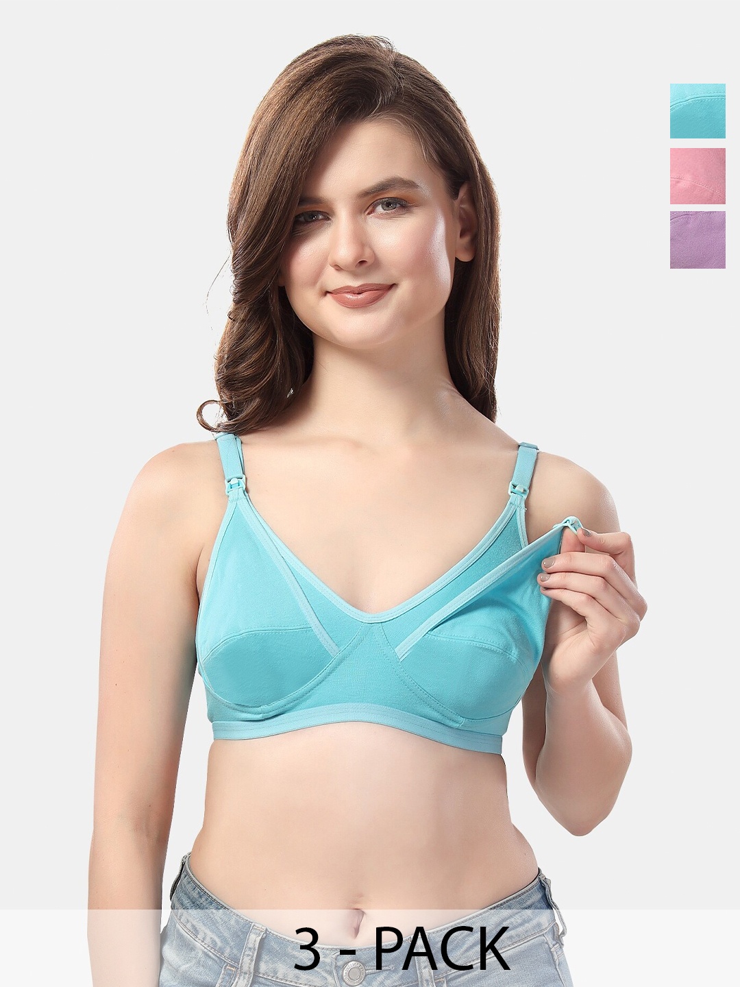 

Fabme Pack Of 3 Full Coverage Non Padded Pure Cotton Maternity Bra With All Day Comfort, Purple