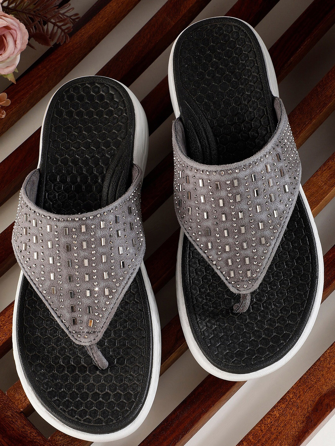 

Koburg Blossom Embellished Open Toe Flats, Grey