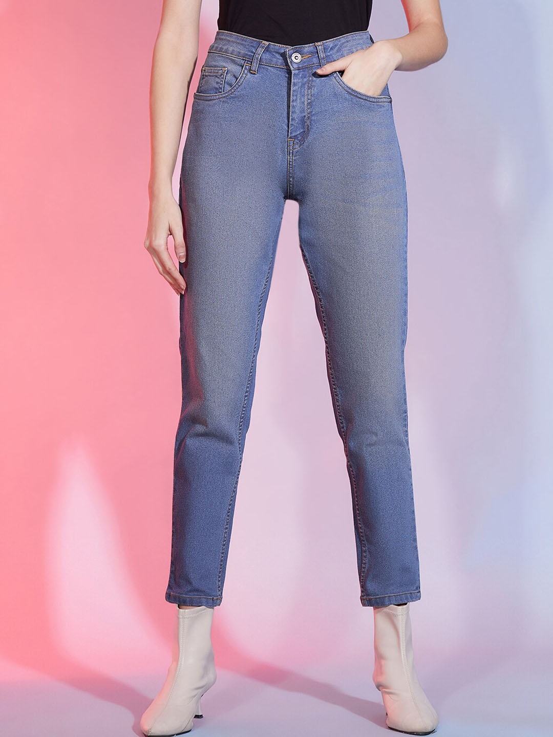 

DressBerry Women Mom Fit Comfort Light Fade Stretchable Cropped Jeans, Blue