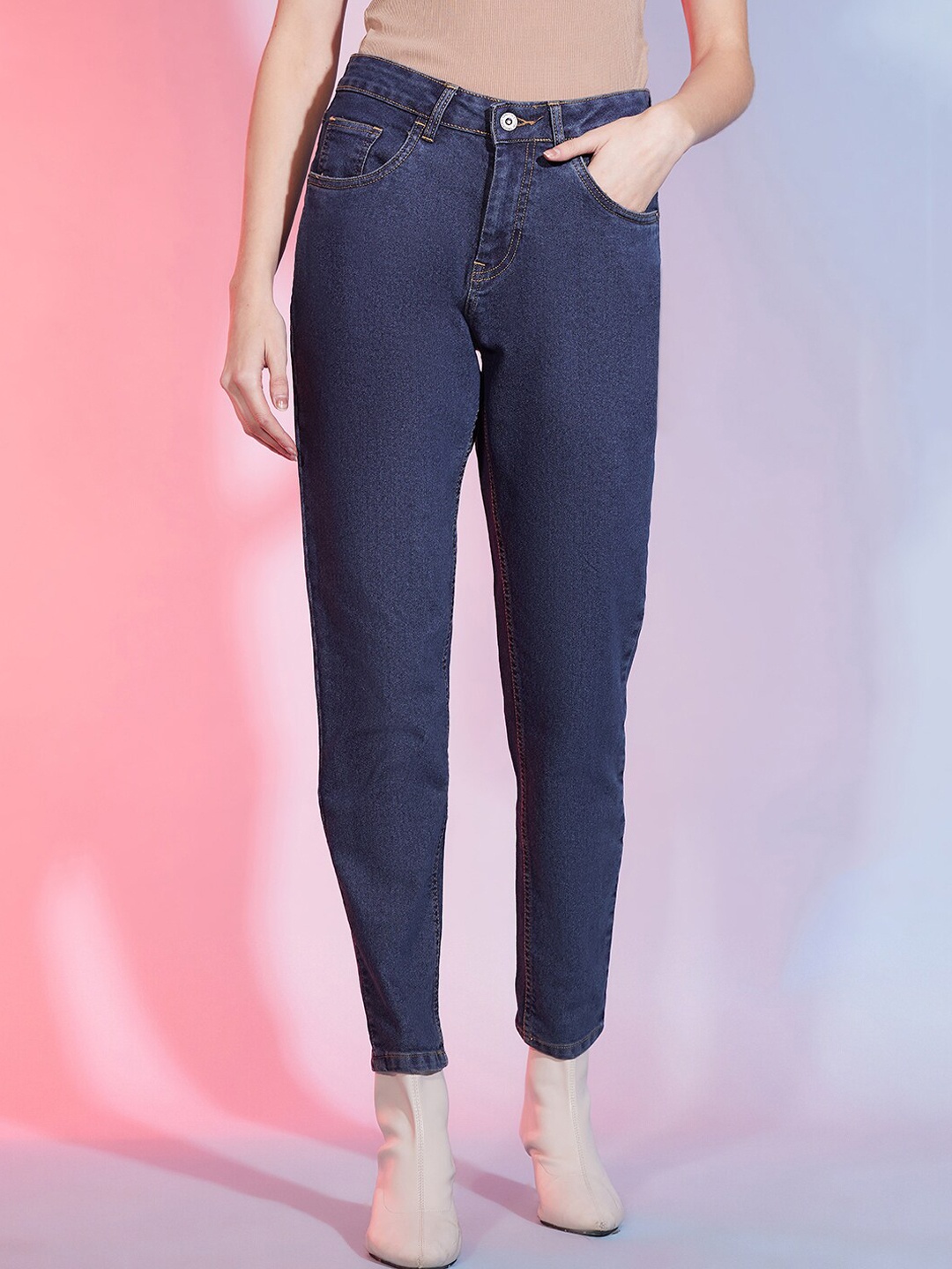 

DressBerry Women Comfort Mom Fit High Rise Clean Look Stretchable Jeans, Blue