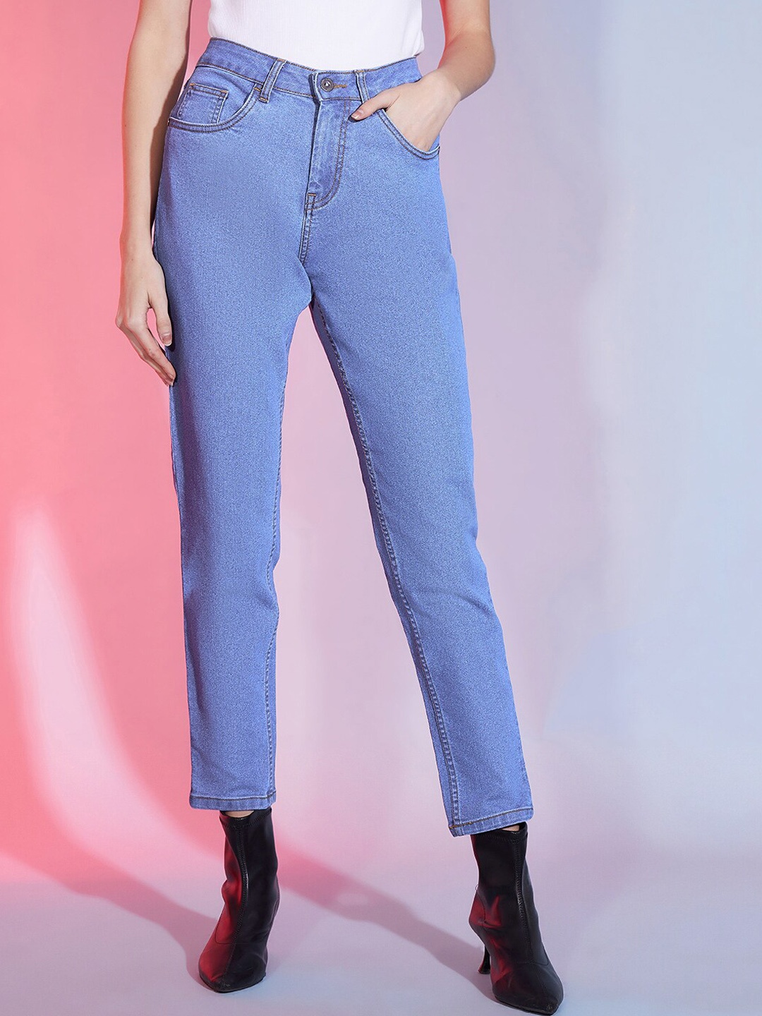 

DressBerry Women Mom Fit Comfort High-Rise Stretchable Cropped Jeans, Blue