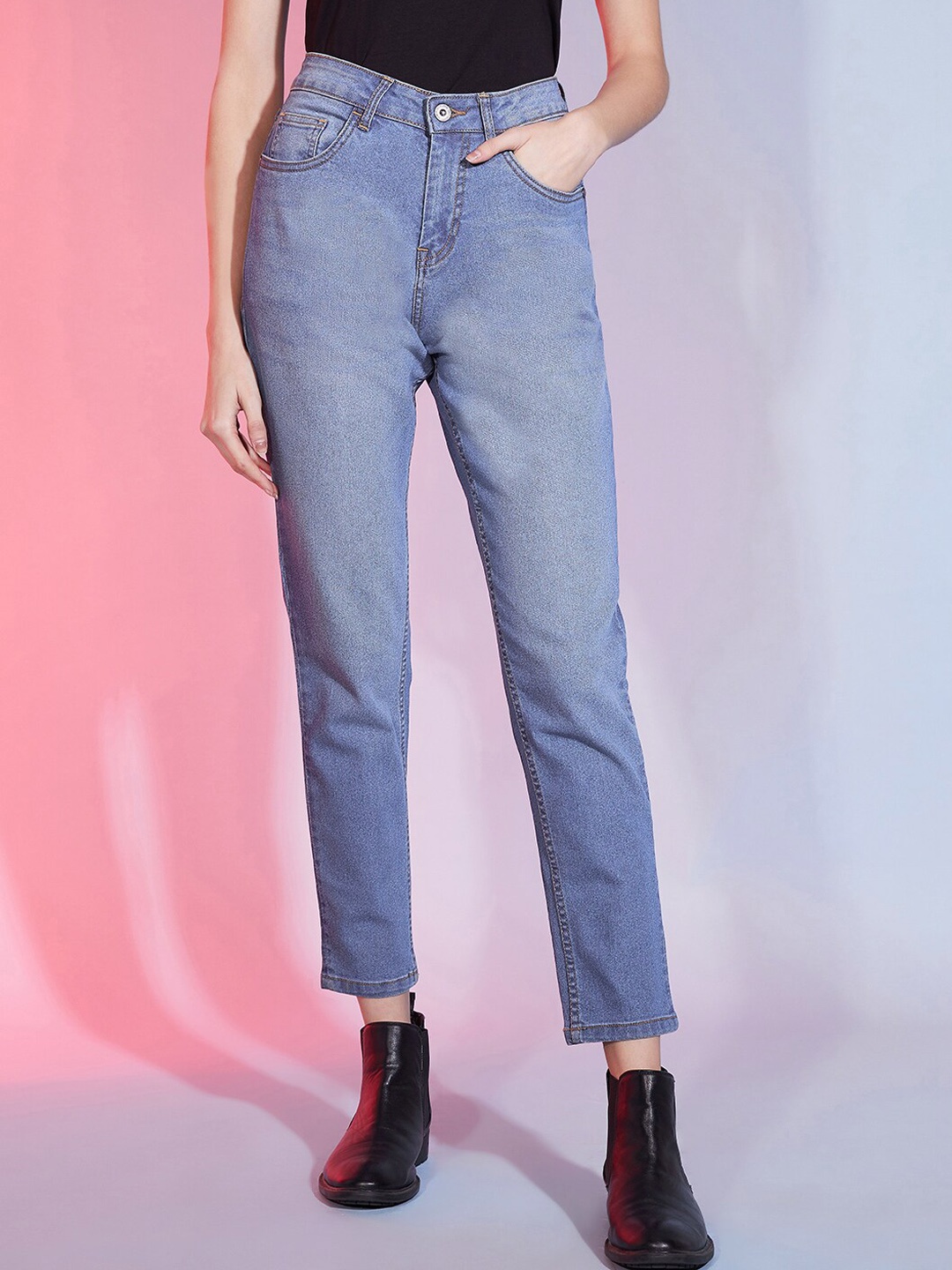 

DressBerry Women Mom Fit Comfort Light Fade Stretchable Cropped Jeans, Blue