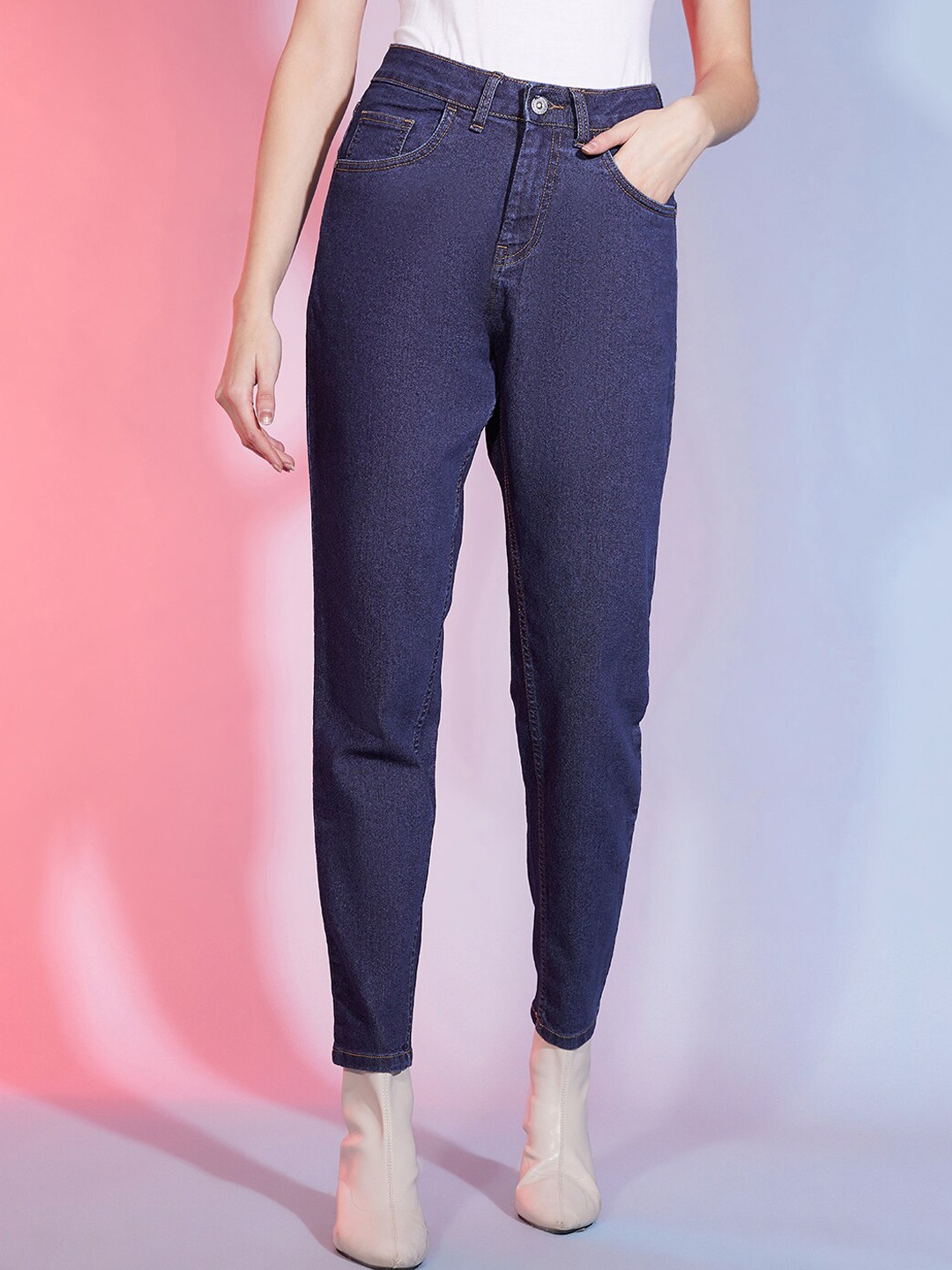 

DressBerry Women Comfort Mom Fit High-Rise Stretchable Cropped Jeans, Blue