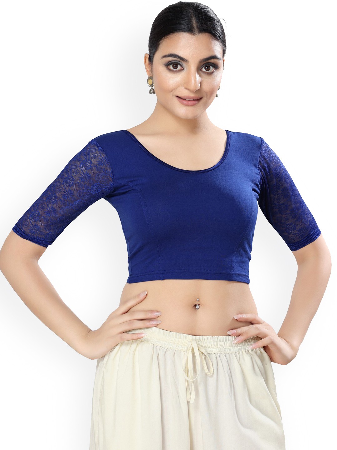 

SALWAR STUDIO Round Neck Cotton Stretchable Saree Blouse, Blue