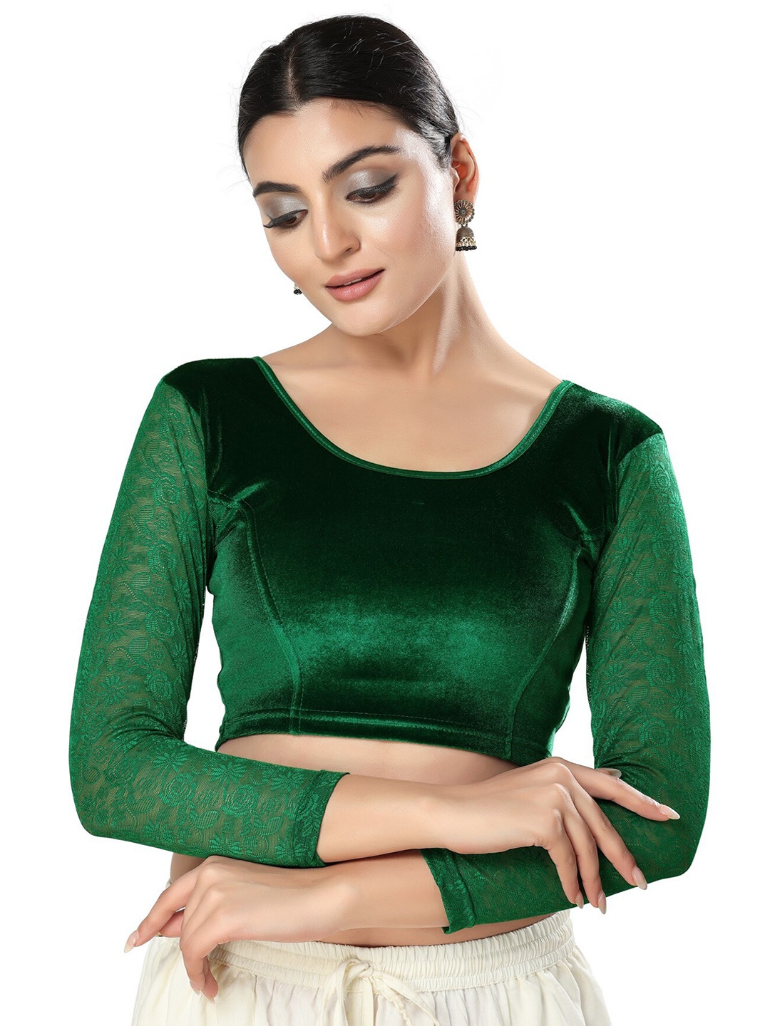 

SALWAR STUDIO Velvet Stretchable Saree Blouse, Green