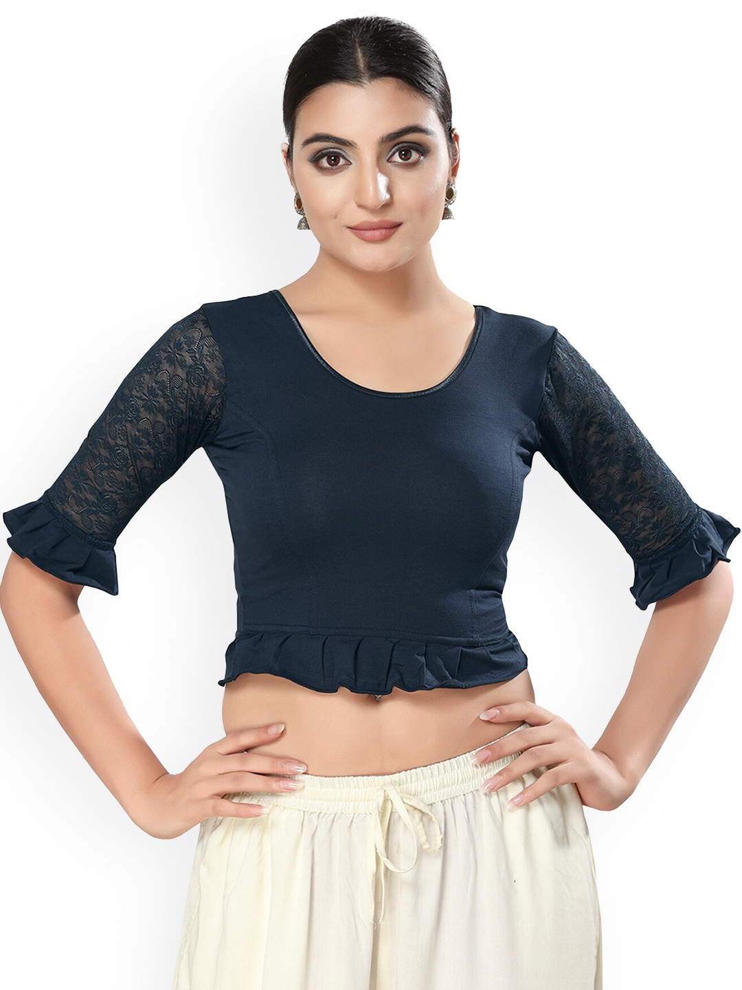 

SALWAR STUDIO Cotton Stretchable Saree Blouse, Navy blue