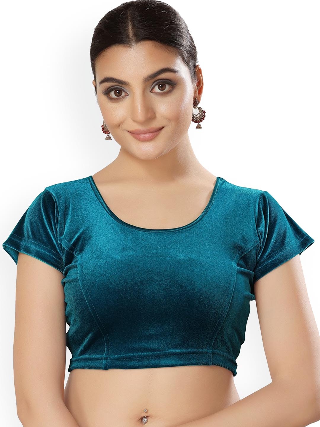 

SALWAR STUDIO Round Neck Stretchable Velvet Saree Blouse, Teal