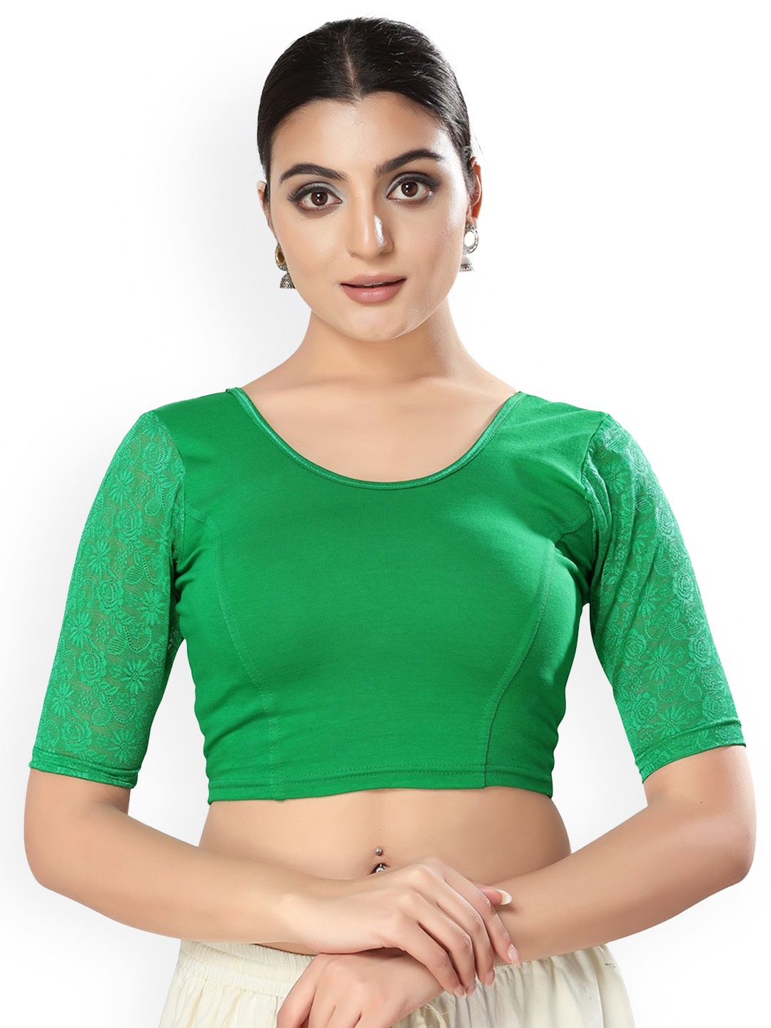

SALWAR STUDIO Round Neck Stretchable Saree Blouse, Green
