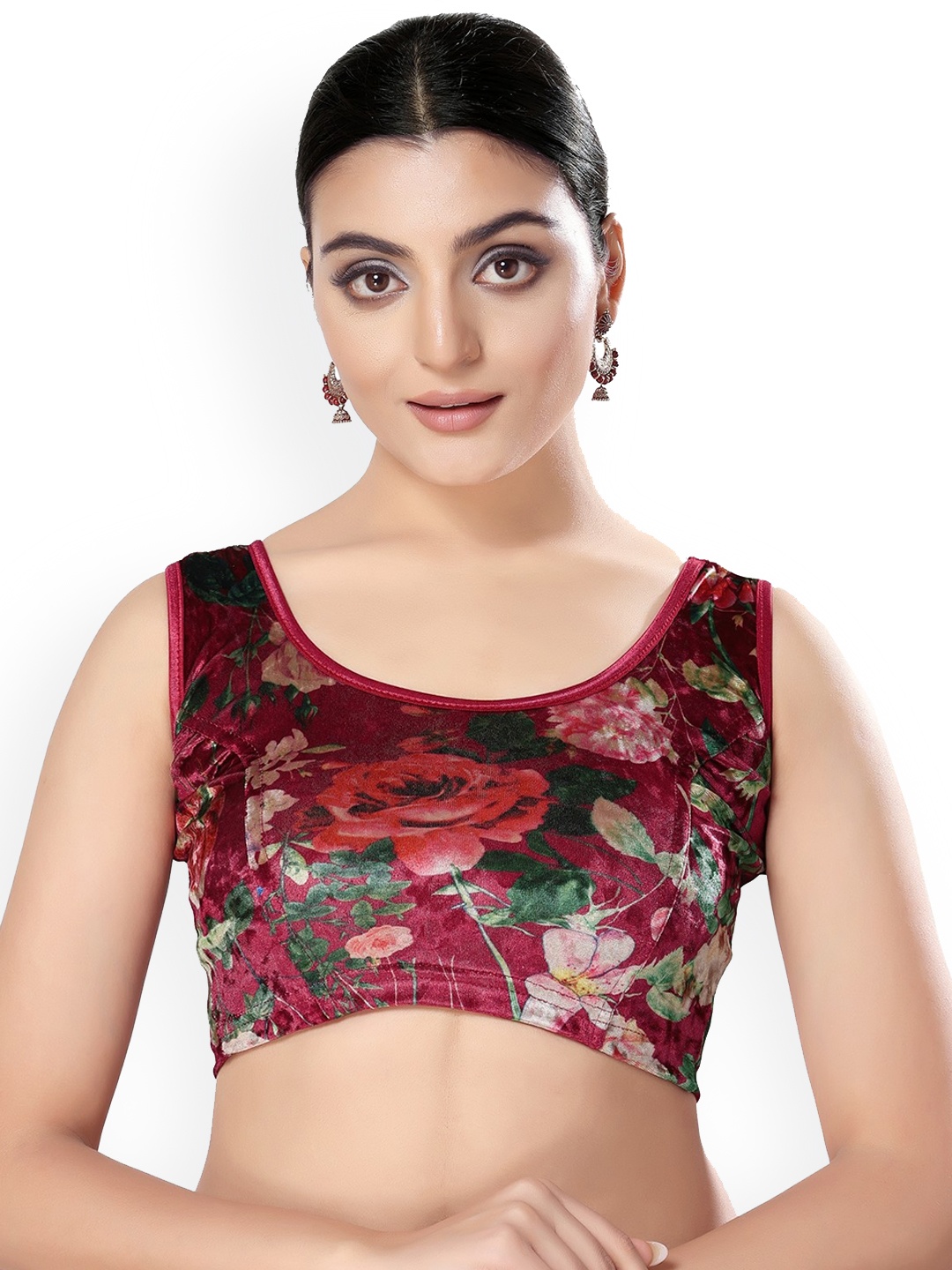 

SALWAR STUDIO Printed Round Neck Stretchable Velvet Saree Blouse, Maroon