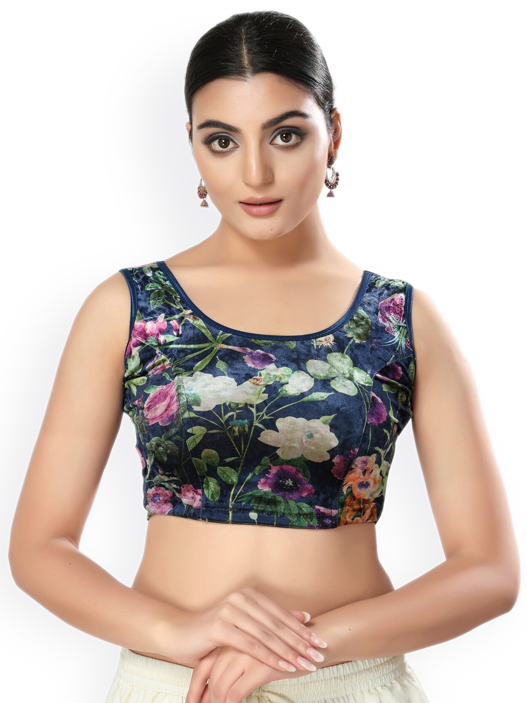 

SALWAR STUDIO Printed Round Neck Stretchable Velvet Saree Blouse, Navy blue