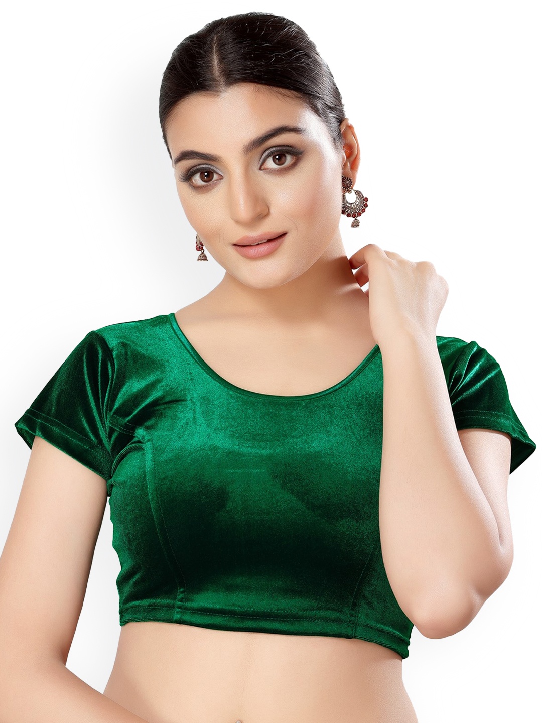 

SALWAR STUDIO Round Neck Stretchable Velvet Saree Blouse, Green