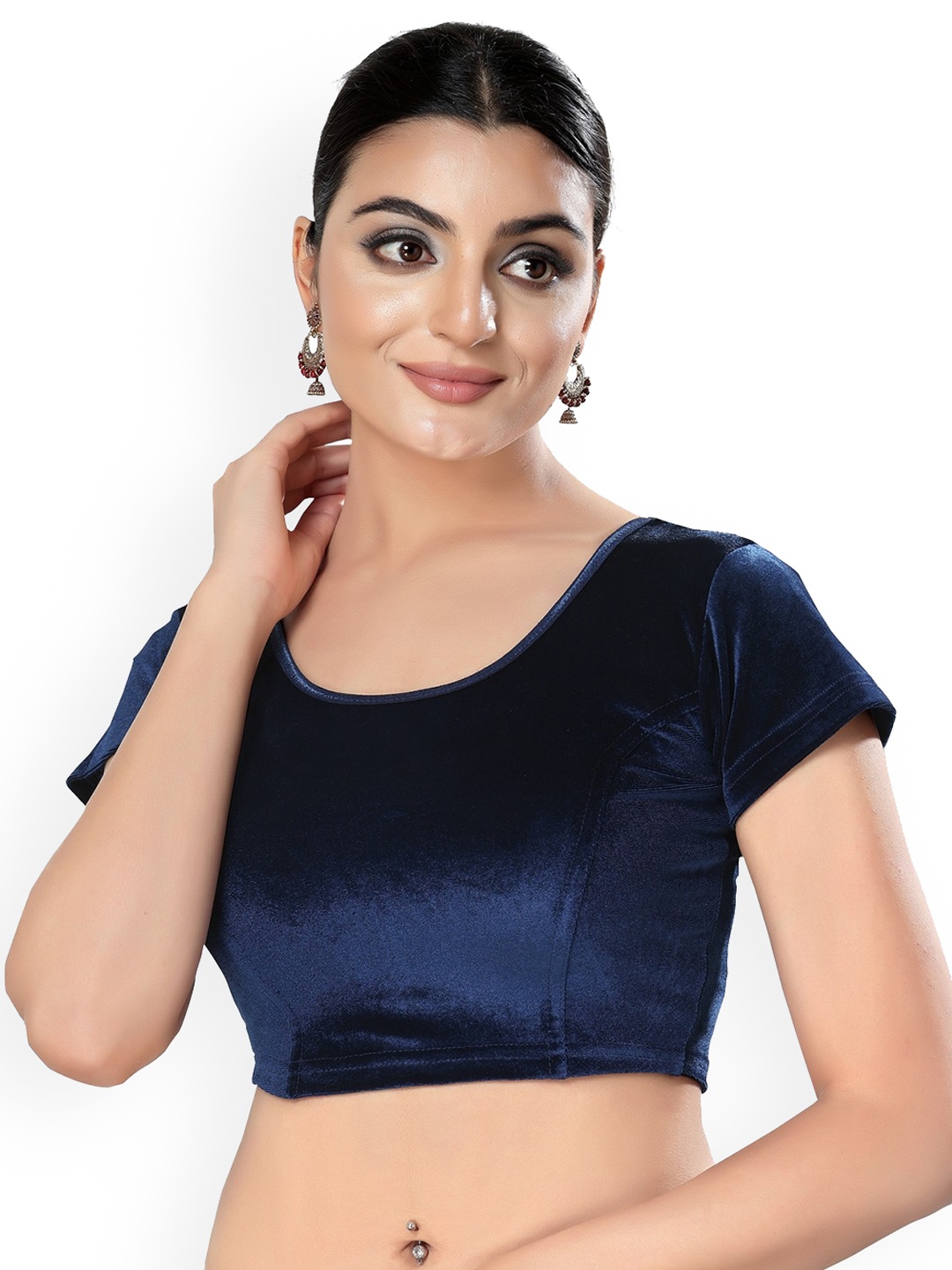 

SALWAR STUDIO Round Neck Stretchable Velvet Saree Blouse, Navy blue
