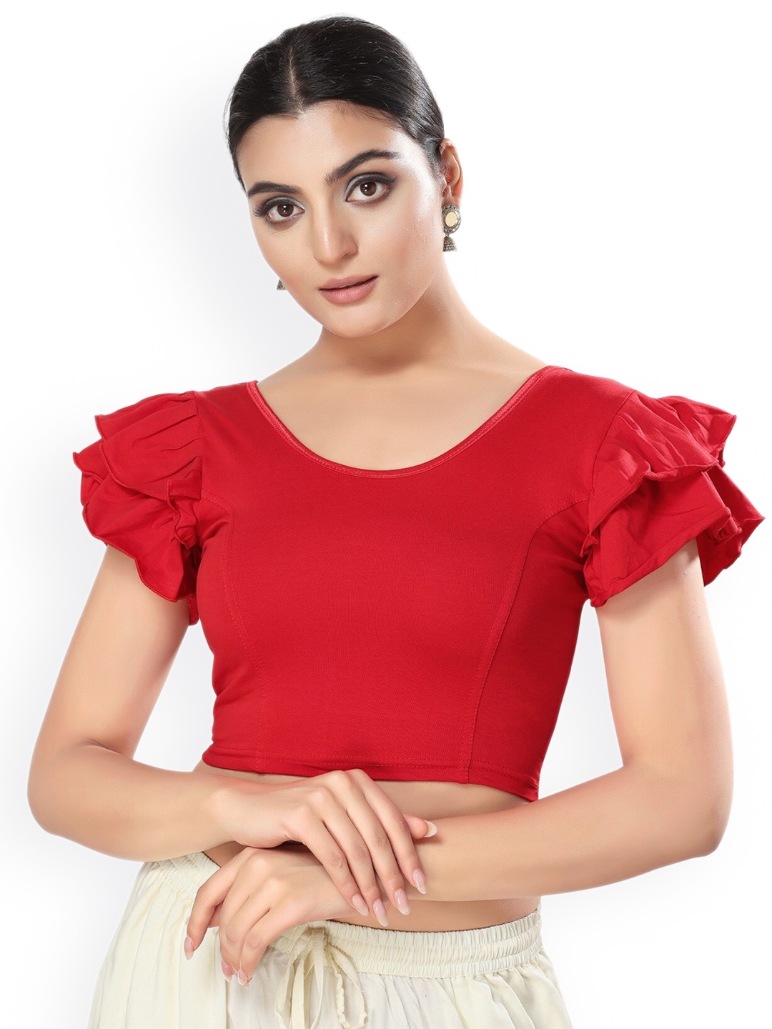 

SALWAR STUDIO Flared Sleeves Stretchable Saree Blouse, Red