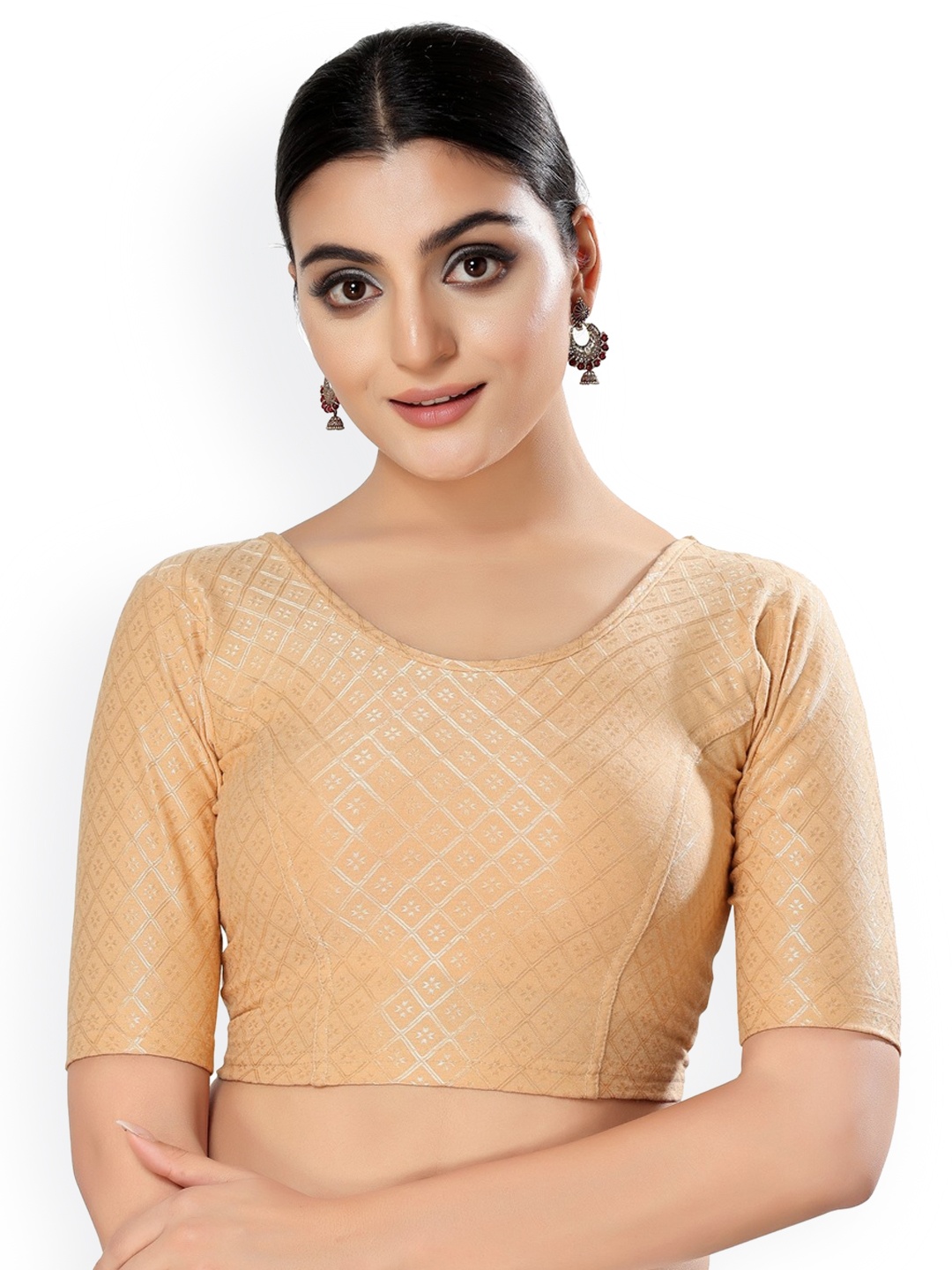 

SALWAR STUDIO Geometric Printed Round Neck Stretchable Saree Blouse, Gold